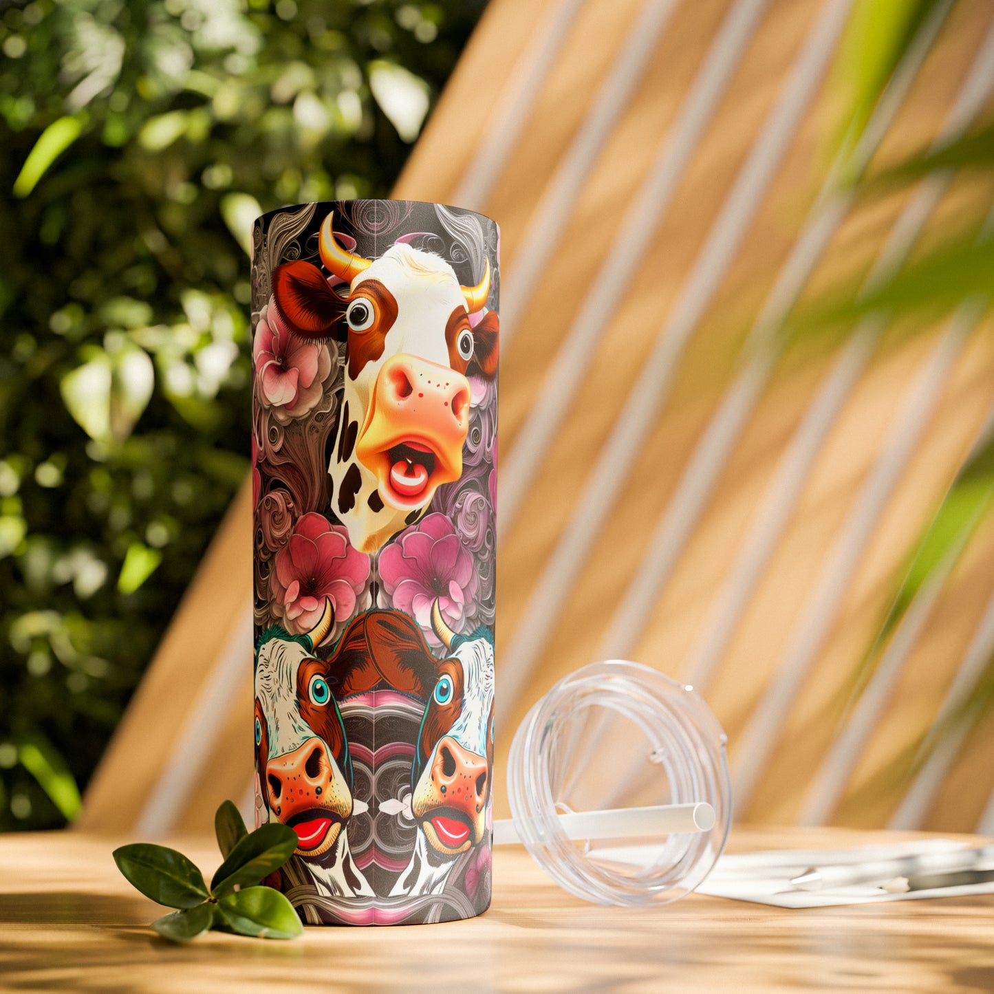 Skinny Tumbler with Straw, 20oz - Flower Cow 0001