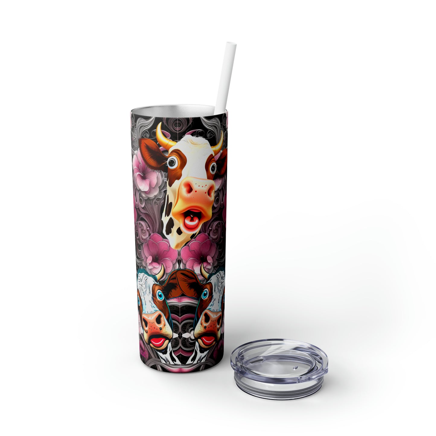Skinny Tumbler with Straw, 20oz - Flower Cow 0001