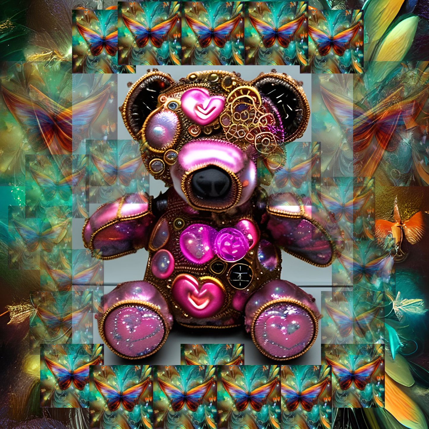 Custom T Shirt, Quirky Steampunk Bear with Whimsical Butterflies 0001, Sublimation