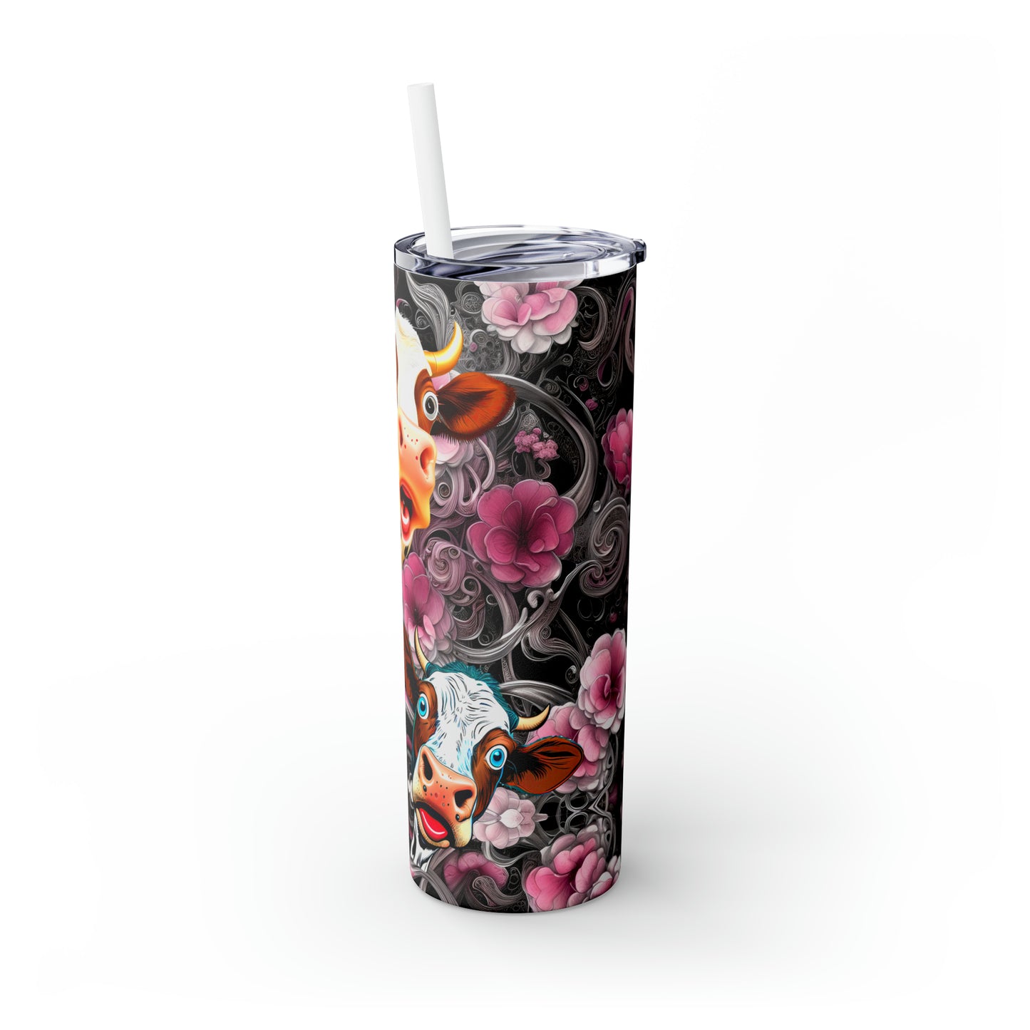 Skinny Tumbler with Straw, 20oz - Flower Cow 0001