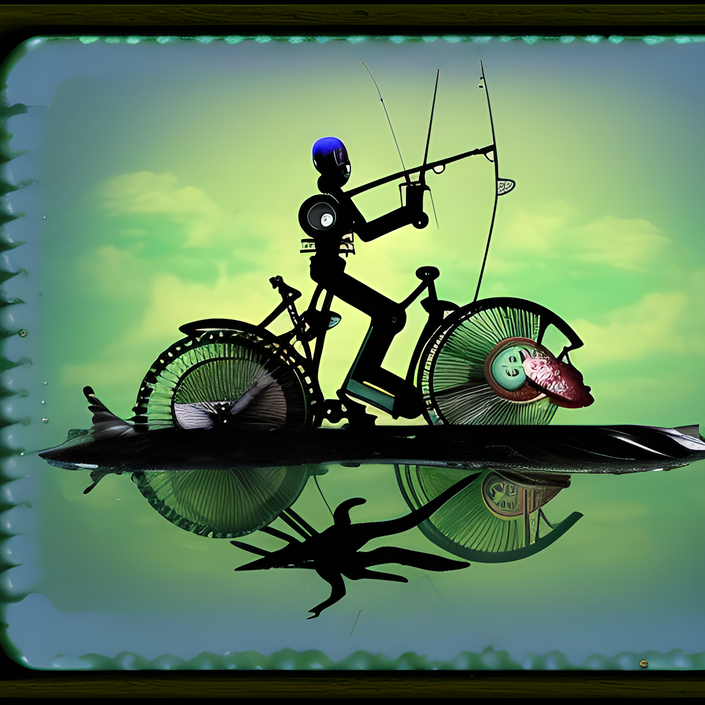 Custom T Shirt, Steampunk Bicycle Fishing 0001