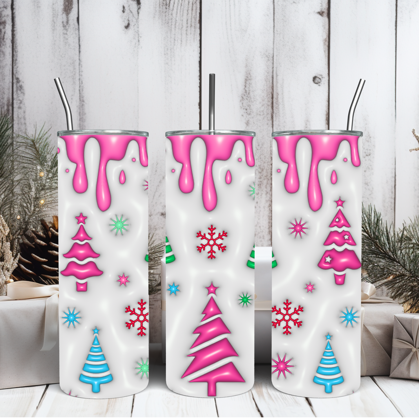 Custom Tumbler,  20 oz., Pink Xmas Tree 001