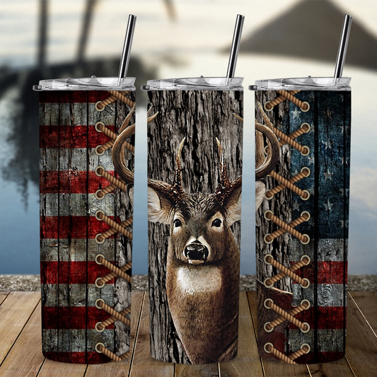 Custom 20 oz Skinny Tumbler,  Deer with Flag 0001