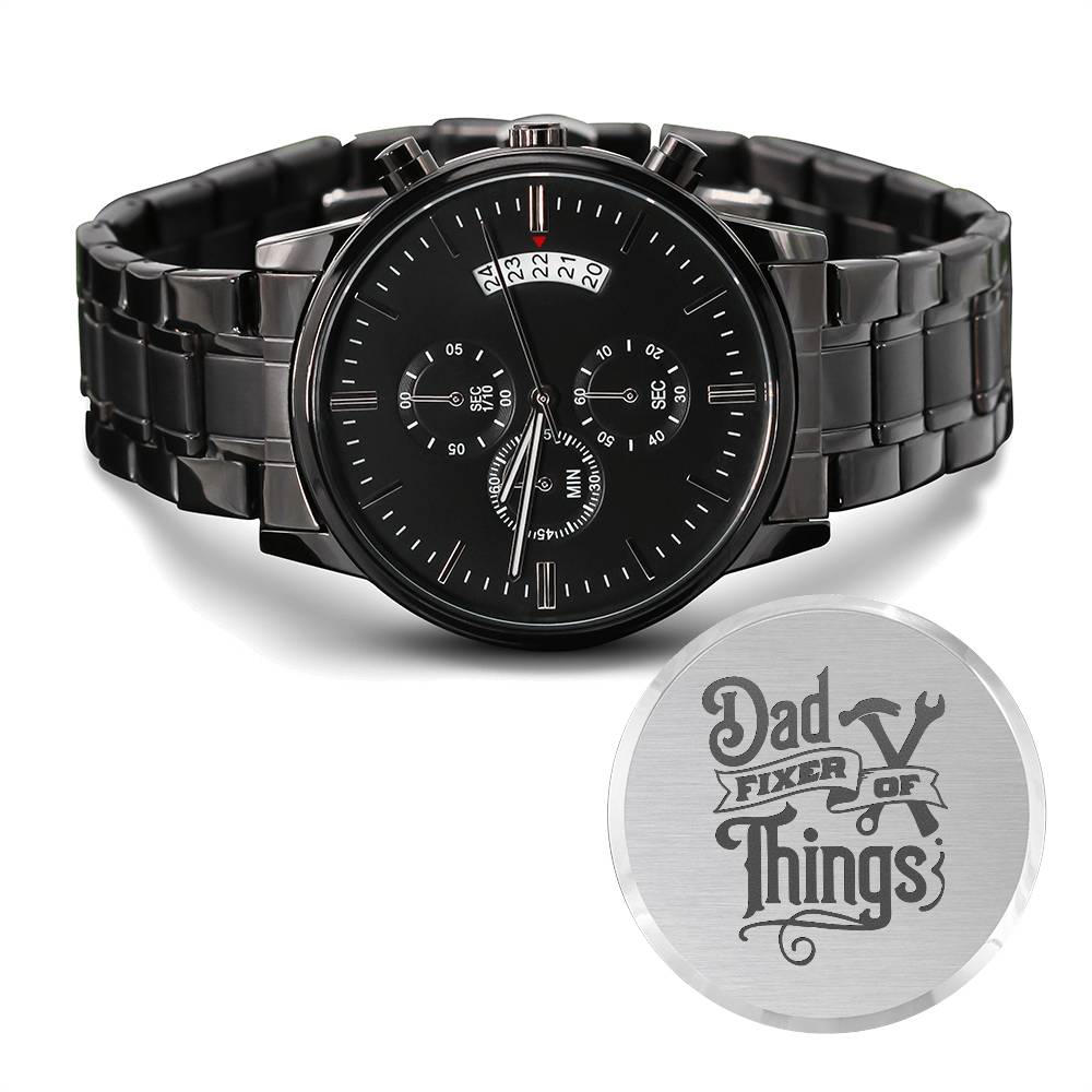 Engraved Design Black Chronograph Watch - Dad Fixer of Things 0001