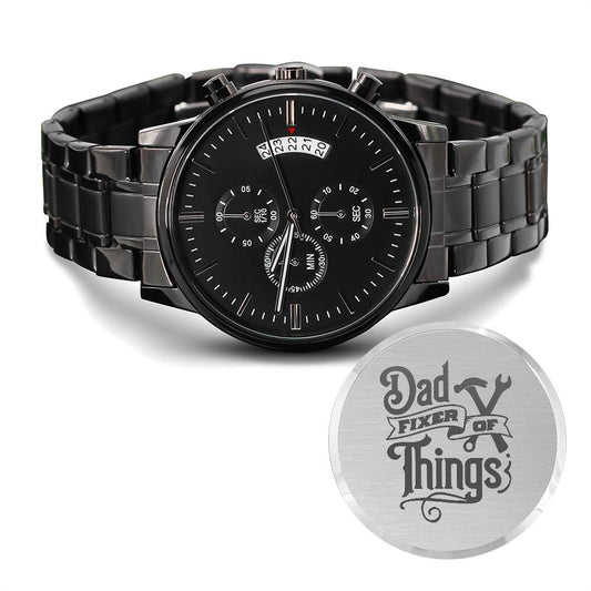 Engraved Design Black Chronograph Watch - Dad Fixer of Things 0001