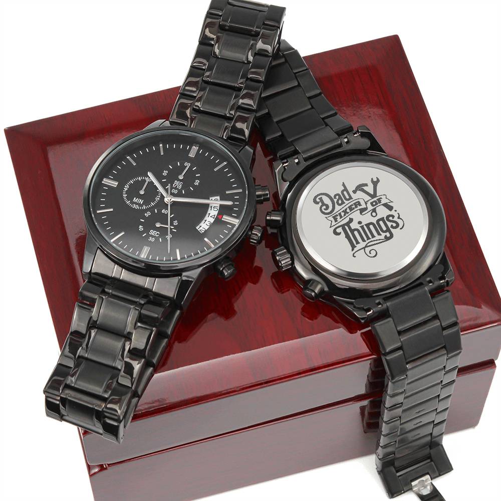 Engraved Design Black Chronograph Watch - Dad Fixer of Things 0001