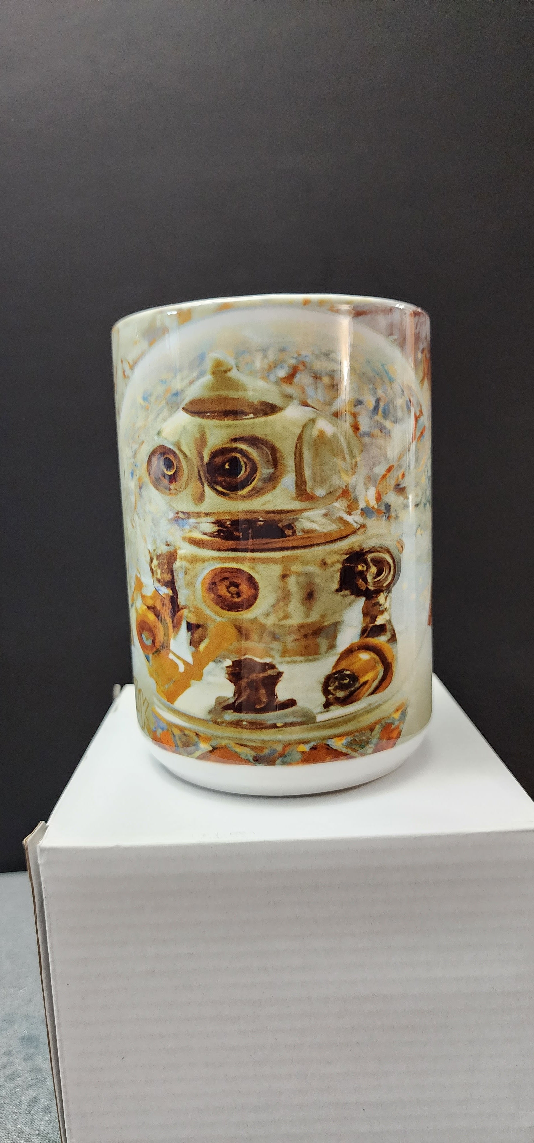 Custom Mug 15 oz., Intricate Steam Punk Robot in snow globe scene, Sublimation