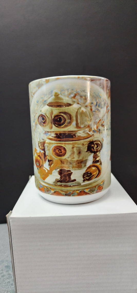 Custom Mug 15 oz., Intricate Steam Punk Robot in snow globe scene, Sublimation