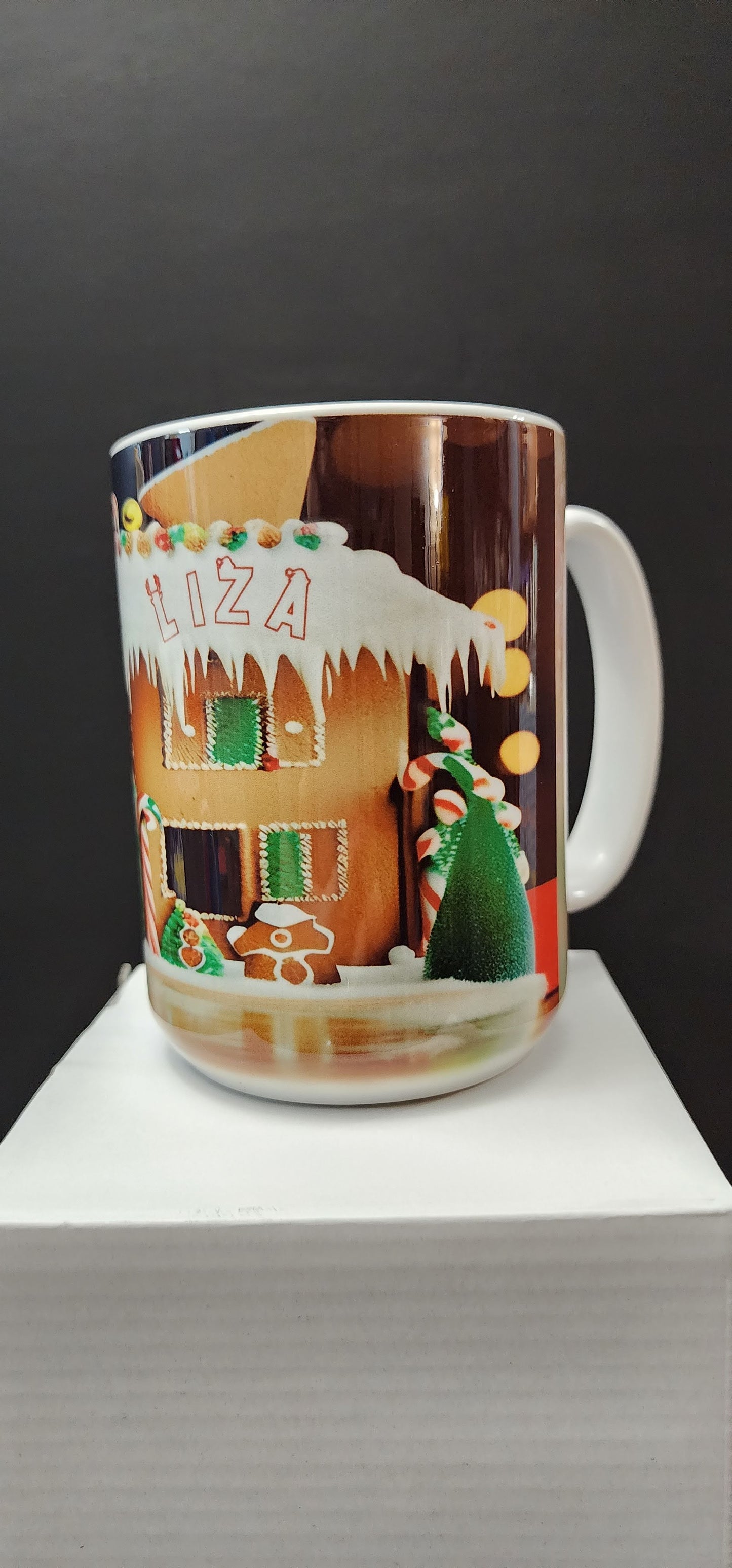 Mug 15 oz., Cute Christmas Cottage with Custom Name added