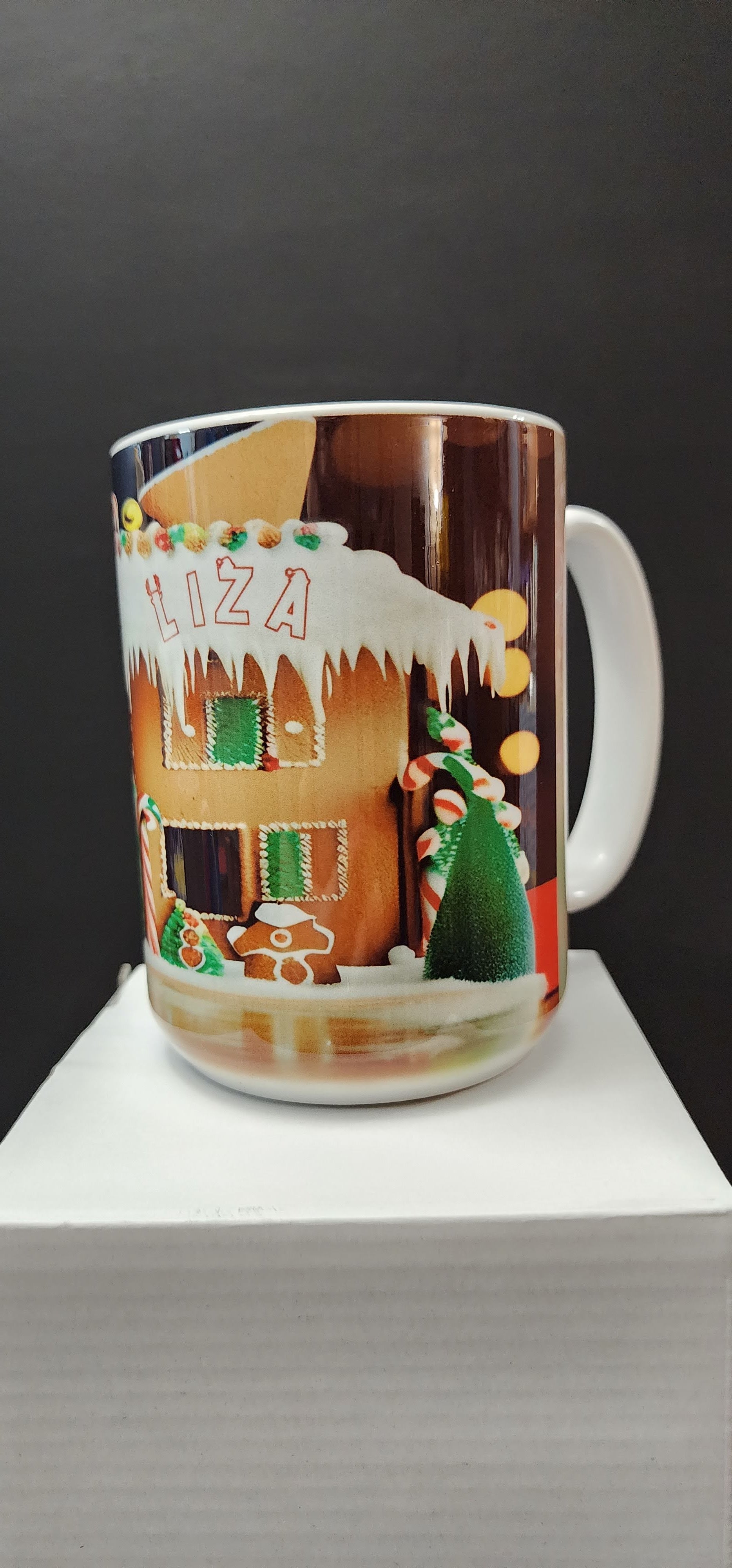 Mug 15 oz., Cute Christmas Cottage with Custom Name added