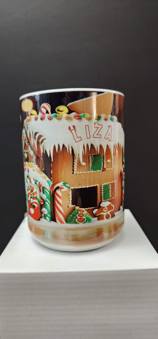 Mug 15 oz., Cute Christmas Cottage with Custom Name added