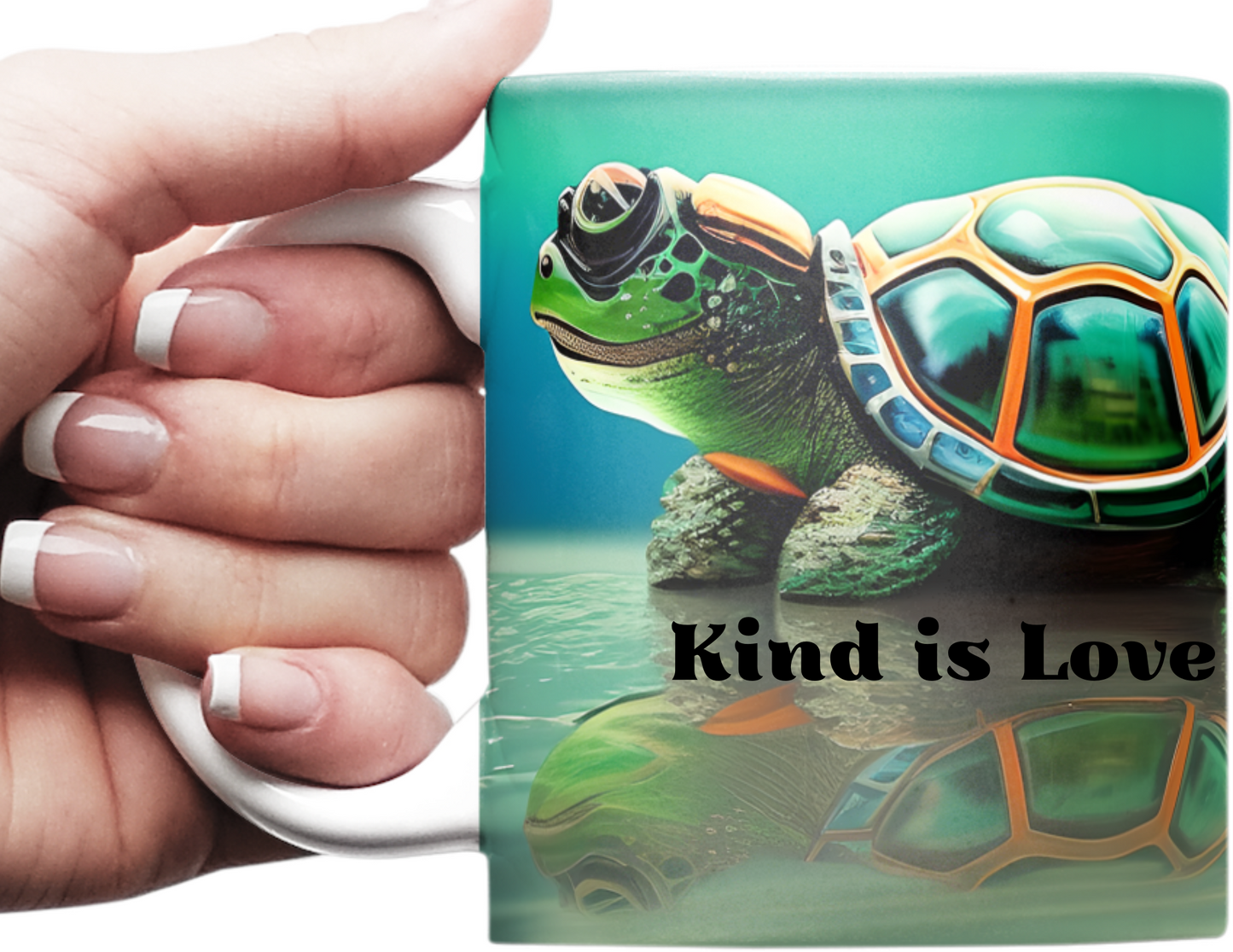 Custom Mug, 15 oz., Green Turtle, Kind is Love