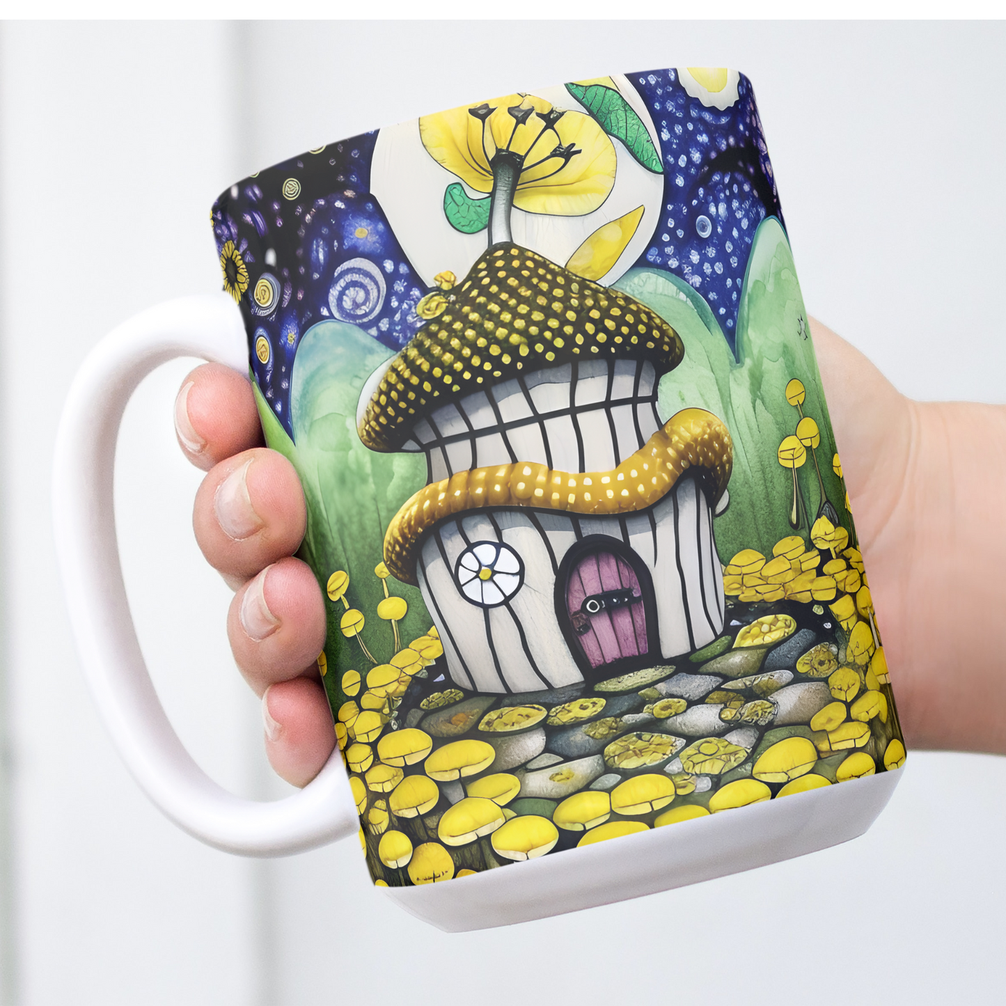 Custom Mug, 15 oz. Yellow & Black Cottage 0001