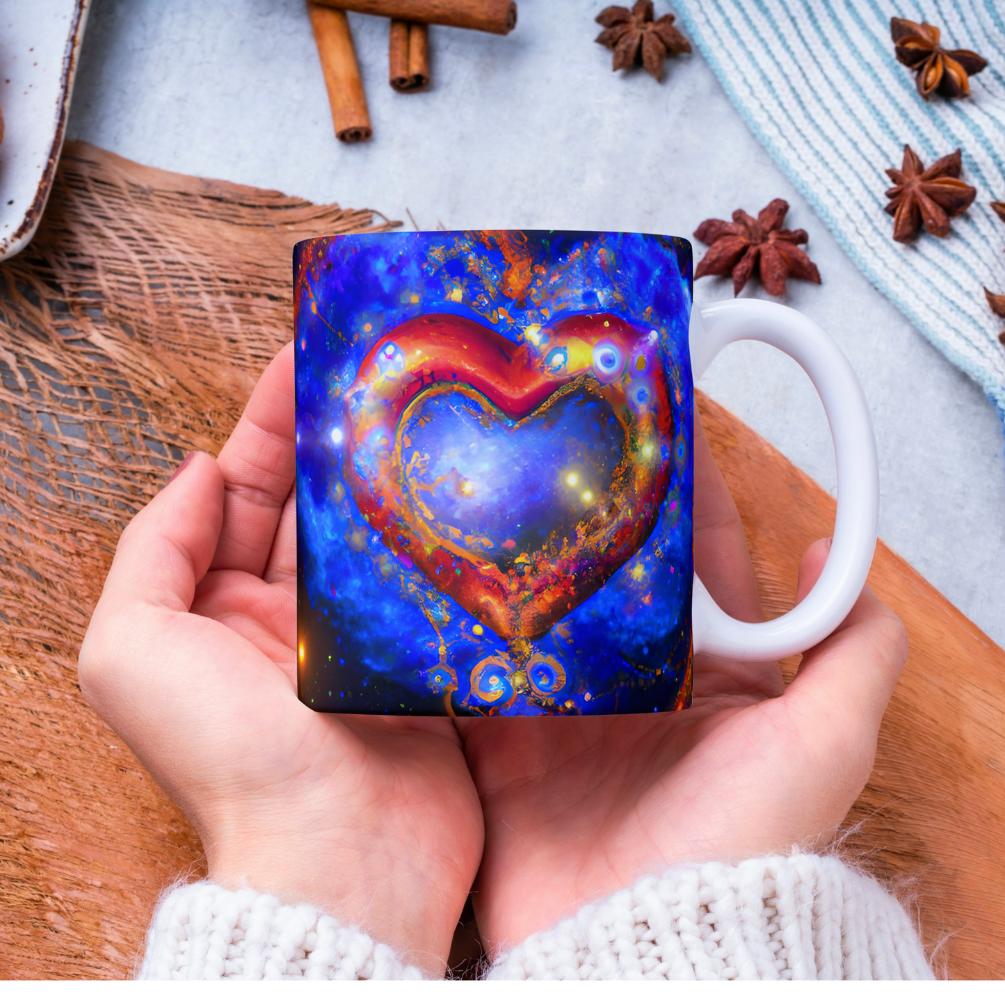 Custom Mug, 15 oz Whimsical Heart of the Galaxy Red Gold 0001