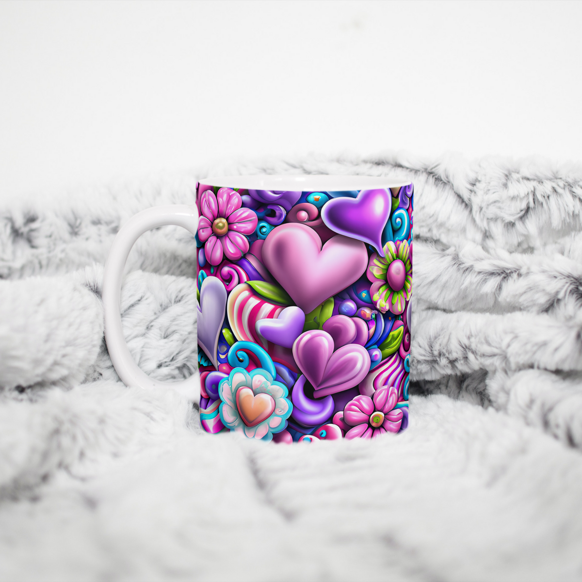 Custom Mug, 15 oz. Vibrant Hearts and Flowers 0001