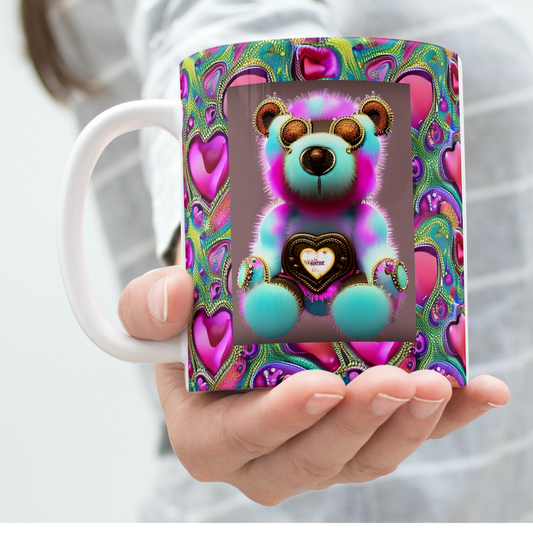 Custom Mug, 15 oz Whimsical Steampunk Hearts and Bear 0001