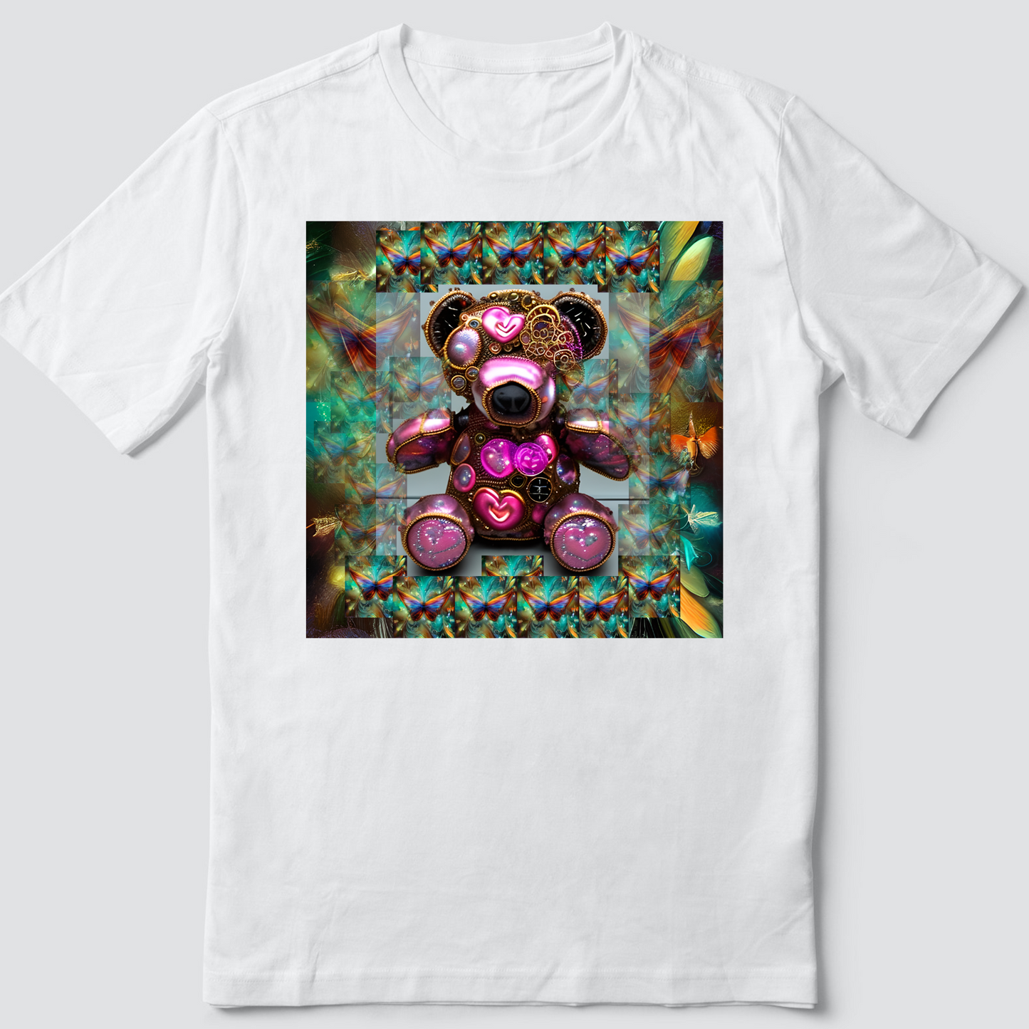 Custom T Shirt, Quirky Steampunk Bear with Whimsical Butterflies 0001, Sublimation