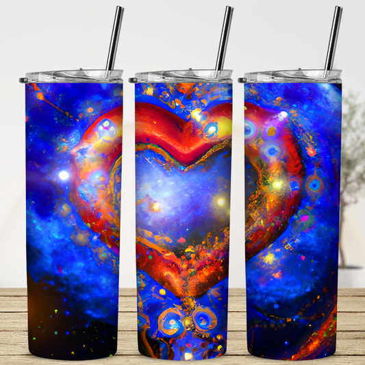 Tumbler, 20 oz, Quirky Whimsical Red Heart in Blue Galaxy 0001, Custom Sublimation